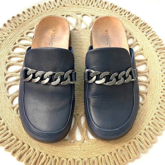 Vionic Georgie Navy Leather Chain Slip-On Mules Size 8.5 - Picture 3 of 10